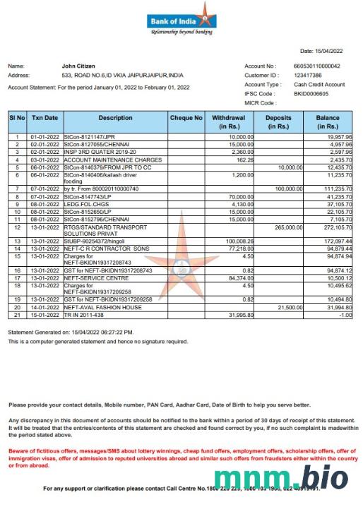 India Bank Of India konto statement Word i szablon PDF, 2 strony